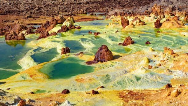Acid Ponds In Dallol Site In The Danakil Depression In Ethiopia In Africa.